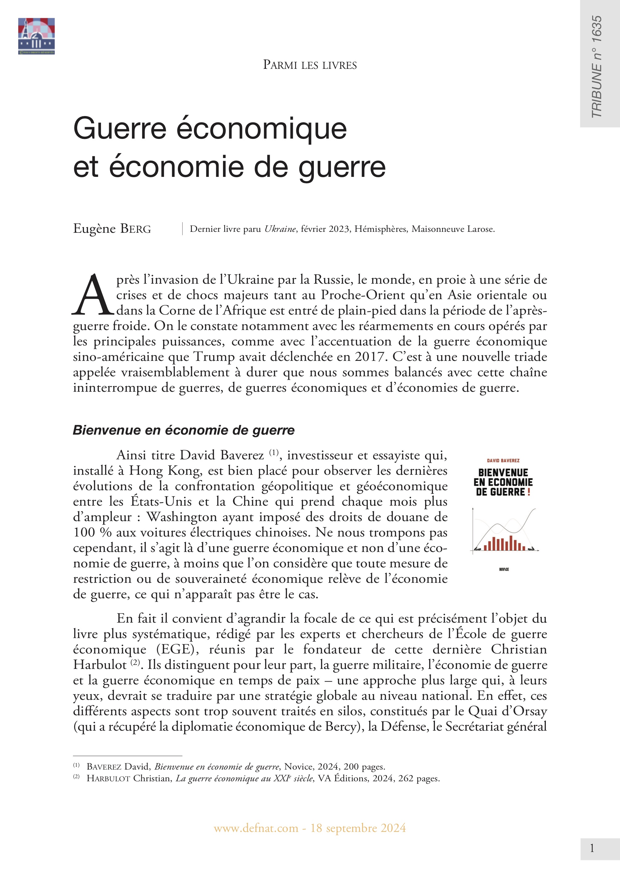 Parmi les livres – Guerre économique et économie de guerre (T 1635)
